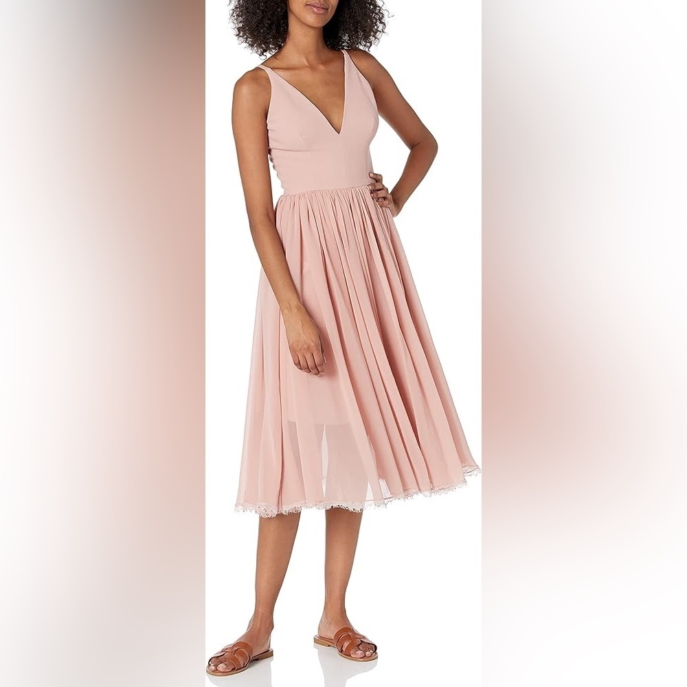 Dress the Population Alicia Blush Pink Midi Dress Sleeveless V-Neck Tulle Skirt